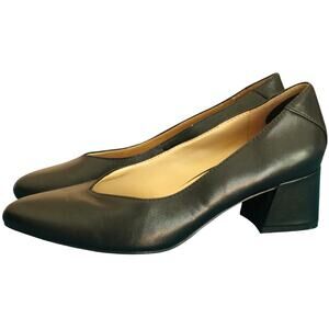 Naturalizer Black Leather Pumps Mid Heel Low Block Pointed Toe 7W Wide Work